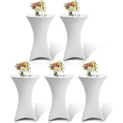 Wolketon 5er Set Stehtischhusse Stretch Weiß – Elastische Husse für Bistrotisch Ø 60–65 × 110 cm mit 4 Fußlaschen