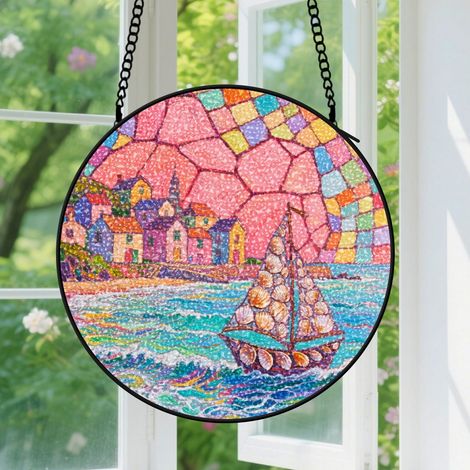 Suspension en vitrail - Attrape-soleil artistique minimaliste unique, décoration fenêtre colorée, cadeau Anniversaire pour femme, homme, professeur 9cm (1/5)