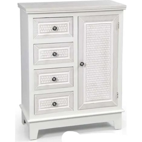 Mueble elegante bioclimático 66x32x84 cm en blanco shabby chic con 4 cassetti e anta laterale