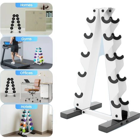 Support de haltères, design à 5 niveaux, construction en acier robuste, BLANC (1/2)