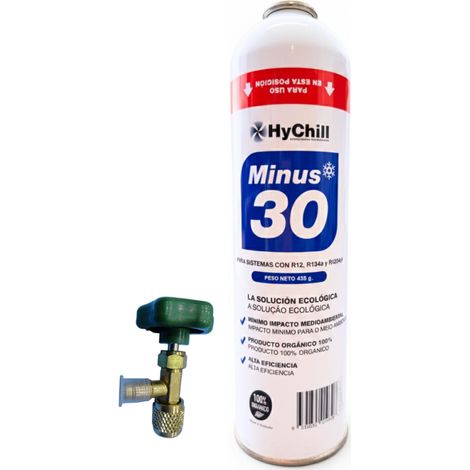 Gas Minus 30 Ecológico 995ml + Llave de Carga  Sustituto R134a R12 R1234yf  Refrigerante Orgánico Automoción 425g