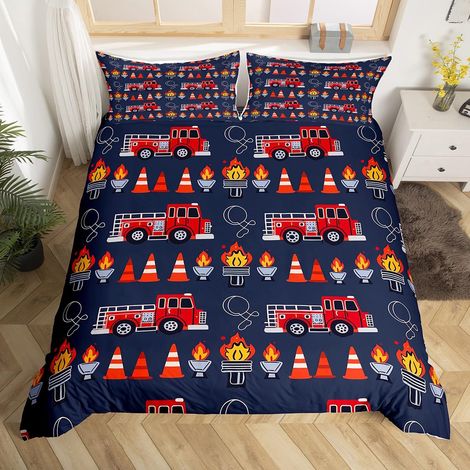 Housse de Couette Enfant 140x200 Voiture de Pompier Rouge, Parure de Lit Enfant Ado Garçon Camion de Pompiers, Sets de Housses de Couettes Motif de Camion, Couvre Lit Bleu Foncé (1/5)