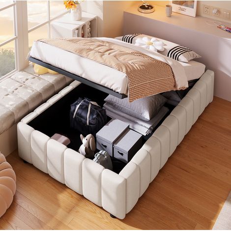 Polsterbett 90/200 cm beige aus Leinen mit hydraulischem Stauraum (1/5)