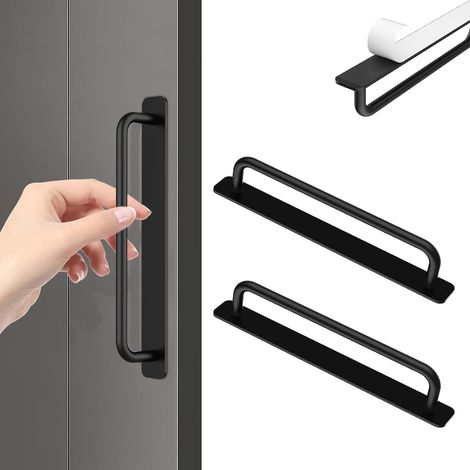 Lot de 2 Poignées de Porte Balcon, Poignée de Meuble Autocollante, Poignées Porte Adhésives en Acier Inoxydable sans Perçage, pour Armoires Fenêtres et Portes Coulissantes - 18cm/ Noir (1/5)