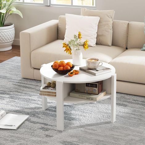 Goplus – Table basse ronde à 2 niveaux – Compartiment de rangement ouvert – Patins antidérapants – Charge 60kg – Bois d'ingénierie blanc – Style moderne/industriel (1/5)