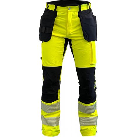 Pantalones de trabajo reflectantes de alta visibilidad BoSafety Tension Plus, clase 2, material elástico, elasticidad en 4 direcciones, amarillo-negro, talla 44. (1/4)