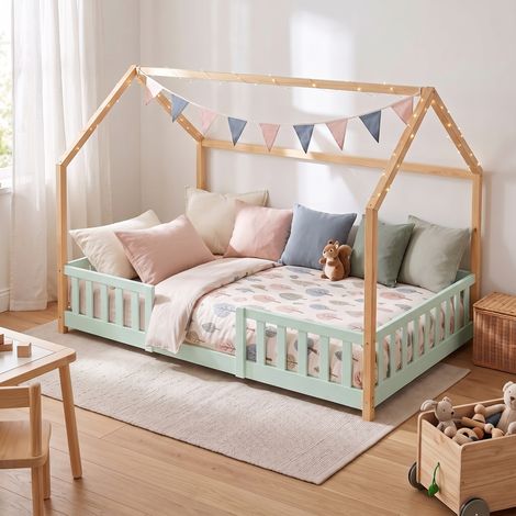 Hausbett Sisimiut im Montessori-Stil mit Rausfallschutz 120x200 cm Mintgrün/Natur [en.casa] (1/5)