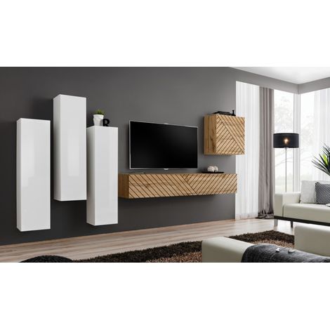 Ensemble de 5 meubles muraux "Switch III " pour TV en bois - Blanc et Beige - L 330 x H 160 x P 40 cm - Livraison gratuite