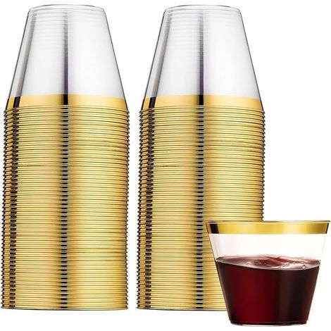 60 Pièces Gobelets en Plastique Bordés Doré, 270ml Réutilisables Verres à Vin Élégants pour Fête, Champagne, Bière, Cocktail, Martini, Soda (8,9 x 7,1cm) (1/5)