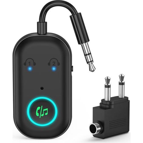 Émetteur-récepteur Bluetooth 5.3, adaptateur Bluetooth pour avion (2 écouteurs), adaptateur audio sans fil pour voiture, kit mains libres, autonomie max. 16 h, prise auxiliaire 3,5 mm pour les voyages (1/5)