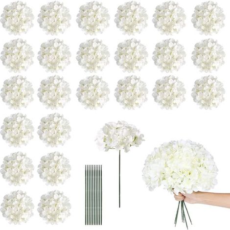 24 ortensie artificiali bianche, fiori artificiali realistici con steli flessibili per bouquet da sposa, decorazioni per matrimoni, feste, decorazioni per ufficio e tavola. (1/5)
