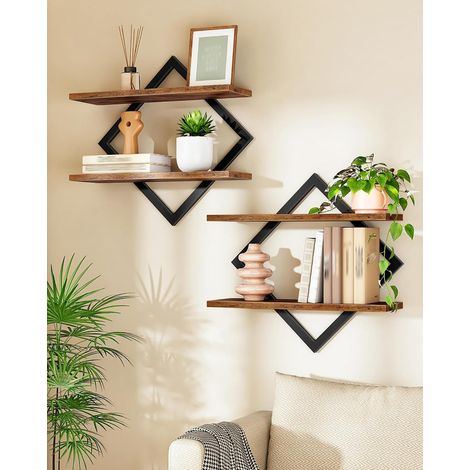 Schweberegale, 2er-Set, 2-stöckige Wandregale, Hängeregale mit rautenförmigem Metallrahmen, für Wohnzimmer, Schlafzimmer, Küche, Büro, rustikales Braun und Schwarz DTBJ01P2BF (1/5)