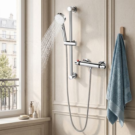 Colonne de douche - Mitigeur thermostatique - 5 réglages de pulvérisation - Finition chromée - acier inoxydable - Argent (1/5)
