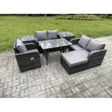 Fimous 7 Stücke Polyrattan Gartenmöbel Set mit Esstisch Sesseln Love Sofa 2 Beistelltischen 2 Großer Hockern Dunkelgrau Gemischt (1/5)