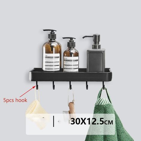 Étagère de salle de bain (30 cm avec 5 crochets) - Organisateur sans perçage - Étagère d'angle noire pour douche - Fixation murale - Porte-shampoing WC en aluminium (1/5)