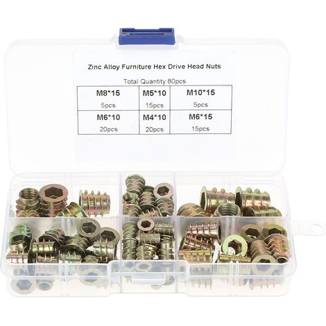 80pcs M4/M5/M6/M8/M10 Zinc Alloy Screw in Type Hex Drive Threaded Furniture Insert Nuts Set