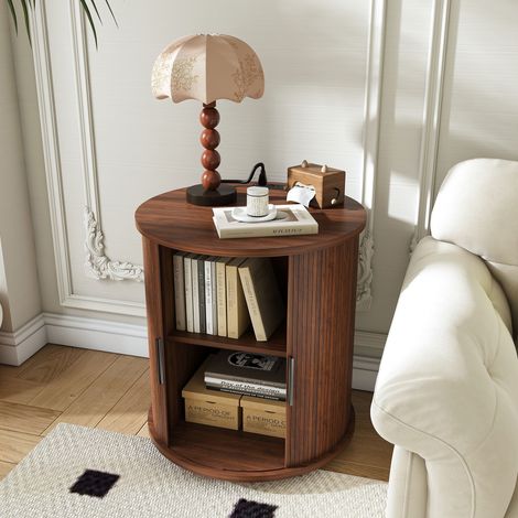 Table de chevet ronde avec station de charge USB et prise - Diamètre 60 cm bout de canapé cylindrique à porte coulissante pour chambre et salon - Bois MDF vintage - Noyer