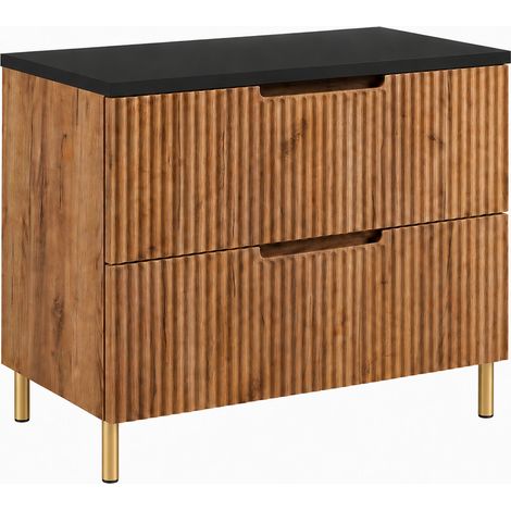 Meuble sous-vasque sur pieds 80 cm, 2 tiroirs, avec plan de travail, fermeture douce, Chêne Craft / Plan Noir, pieds dorés, 80 x 46 x 73,6 cm (1/5)