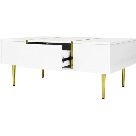 ELVMI Couchtisch mit 2 Schubladen, Hochglanz und Goldfarbenen Metallelementen, für Wohnzimmer, aus MDF, Weiß (1/5)