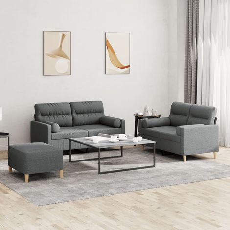 3-tlg. Sofagarnitur mit Kissen Dunkelgrau Stoff (1/5)