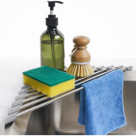 (Gris) Égouttoir à vaisselle triangulaire enroulable pour coin d'évier, petit format, pliable, en acier inoxydable, multifonctionnel, égouttoir de cuisine, organisateur, gain de place, étagère (1/5)
