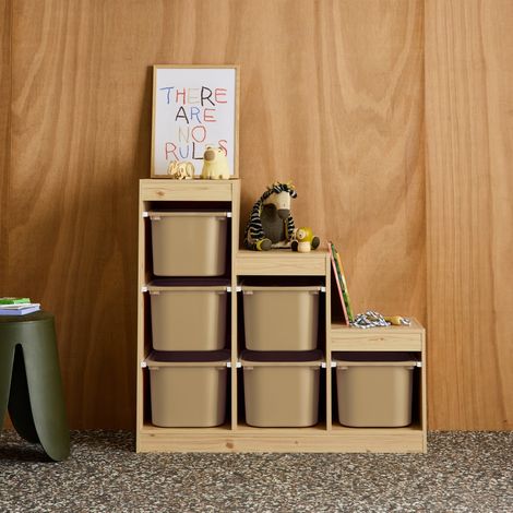 Meuble de rangement enfant escalier 6 bacs de rangement décor bois naturel et beige - Sora (1/5)