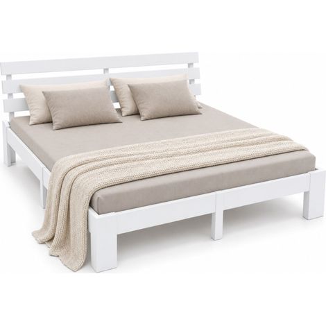 Relaxdays lit 160 x 200 cm, bois massif, sommier et tête de lit, charge 250 kg, lit double bas, coloris blanc (1/5)