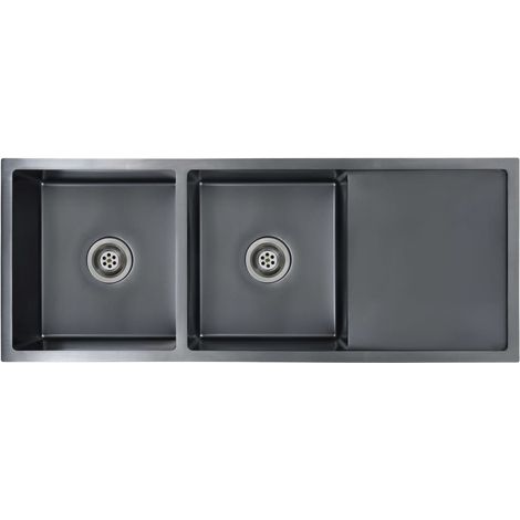 Évier de cuisine fait main avec crépine 111,5 x 44 cm acier inoxydable avec finition brossée noir (1/5)