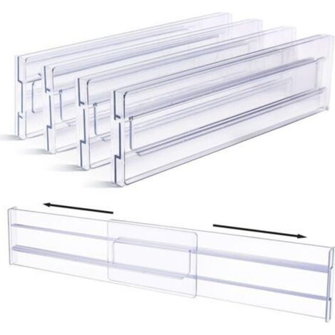 Séparateurs de tiroirs en plastique, organisateurs de tiroirs transparents réglables pour le rangement de la commode de la cuisine et de la chambre à coucher, paquet de 4 (1/5)