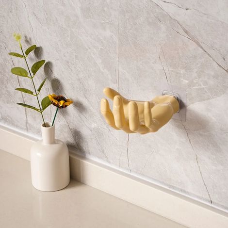 (Jaune) Étagère de rangement murale pratique et facile à installer, crochet robuste et sans jointure en forme de main, étagère créative pour salle de bain ou bureau. (1/5)