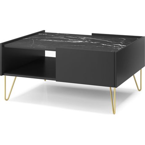 Table basse : 2 tiroirs, 1 étagère, noir graphite / marbre noir, 97 x 45 x 65 cm (1/5)