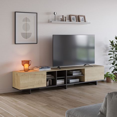 Meuble TV 2 portes 6 niches 230x35x44 cm effet chêne et noir