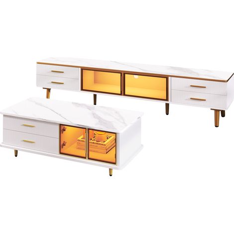 Meuble TV et table basse blanc à LED avec portes en verre trempé, tiroirs à relief ondulé, finition marbre et détails dorés, ensemble de salon CHICFURN (1/5)