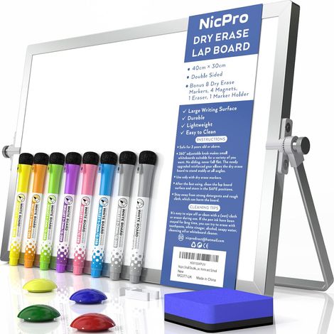 Tableau Blanc Effacable A3 avec Support, 30 x 40 cm Petit Desktop Tableau Double Face avec 8 Couleur Marqueurs, Gomme, Aimants, Tableau Magnetique pour Utilisation en Classe Dessin En écrivant (1/5)