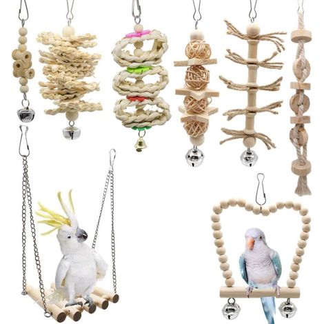 Bardusch - Jouets perroquets bois naturel, lot de 8 hamacs à clochette, mâchouillage cage (cacatoès/perruches/etc.) (1/4)