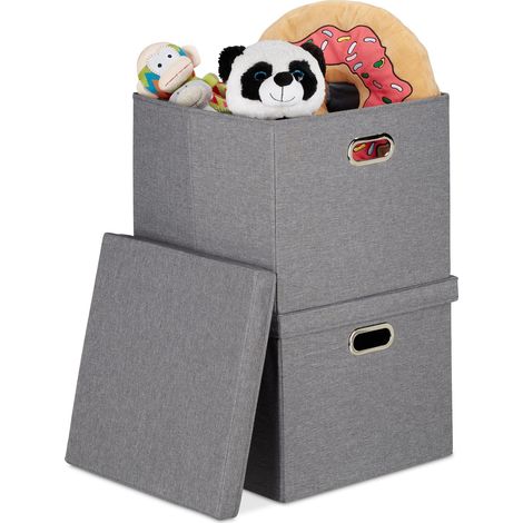 Cajas Almacenaje Set 4, Cestos Organizadores Plegables Tapa, 51 l c/u, Cuadradas, 34x43x43 cm, Color gris