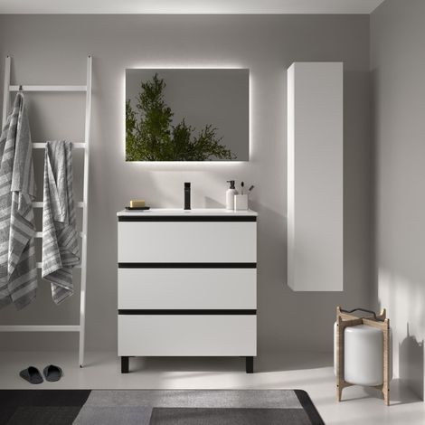 Meuble de salle de bain BEQUIA METAL 3C 80cm Blanc mat Vasque Porcelaine Centrale (1/5)