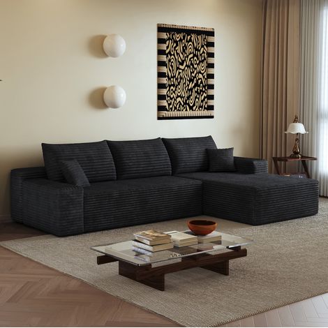 Divano angolare modulare 270 cm nero, in velluto a coste, con chaise longue reversibile e senza montaggio,270x175x83 cm