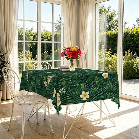 Nappe rectangulaire à motif de feuilles tropicales vert foncé (1 pièce), nappe de table résistante pour les fêtes estivales et les petits événements sur le thème du jardin. (1/4)