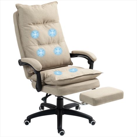 Fauteuil de bureau massant en lin beige avec repose-pied intégré et télécommande (1/5)
