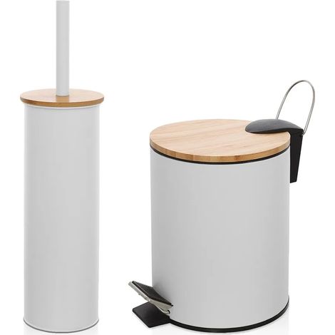 Kit accessori bagno scopino e pattumiera bianco in acciaio e bambù Haiti (1/5)