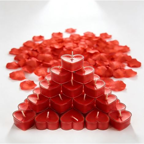 Lot de 27 bougies chauffe-plat rouges en forme de cœur - 4 x 1,5 cm - Coque transparente - Sans parfum - Avec 500 pétales de rose - Décoration pour la Saint-Valentin, un mariage, un (1/5)