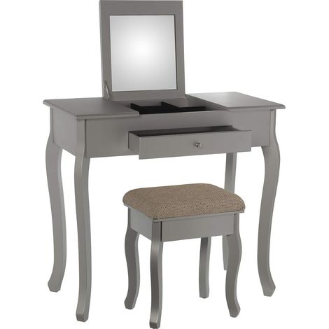 Table de Toilette avec 1 tiroir et Miroir et Banc en Bois argenté 80 x 40 x 74 cm, Banc 36,5 x 29 x 46 cm (1/4)