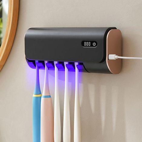 UV-Zahnbürstensterilisator, Wandhalterung für 5 elektrische Zahnbürsten, Sterilisations- und Trocknungsfunktion, wasserdicht (1/4)