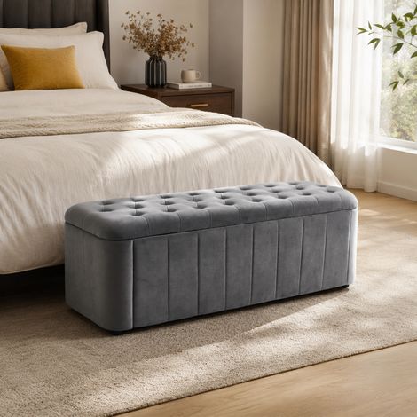 Banc coffre en velours capitonné 132x47x44 cm gris foncé HAVRYA (1/5)