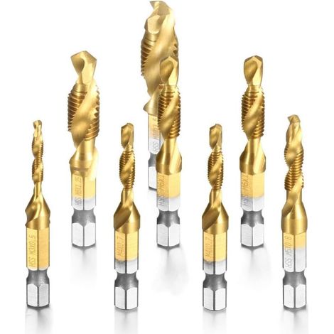 8 Pièces Combinaison Drill Foret Mèche HSS à tige Hexagonale M3-M10 Filetage Vis Robinet Titane placage Couleur de cuivre