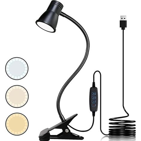 Lampe de lecture LED à pince avec zoom : lampe à pince à intensité variable, lampe à col de cygne USB avec 3 modes de température de couleur, lampe à pince LED, table de chevet, pour chambre à (1/5)