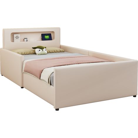 Lit enfant rembourré similicuir beige 90x200 cm avec tiroirs, veilleuse LED et port USB, côtés rehaussés (1/5)