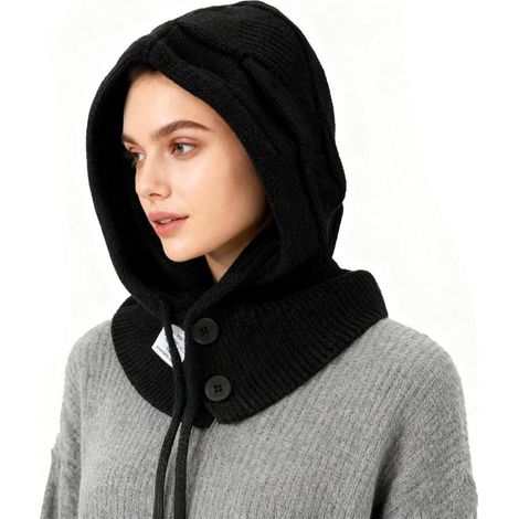 Cagoule tricotée 2 en 1 femme, bonnet et cache-col chaud, ajustable, coupe-vent, noir (1/5)