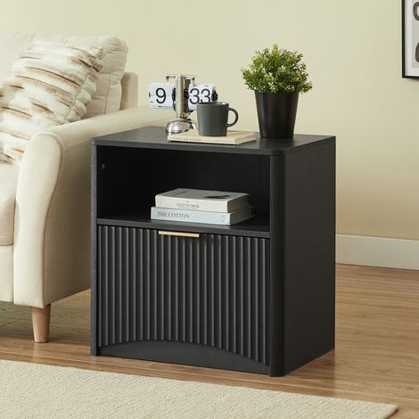 OKMYHOME Mesita de noche negra con cajón, hueco abierto y tiradores dorados, 58 x 38 x 60 cm (1/5)